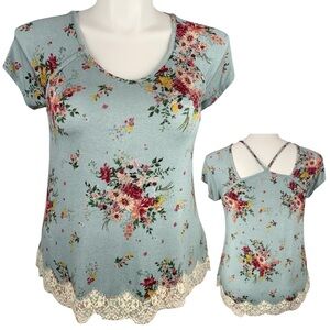 REWIND Vintage Inspired Blue Pink Floral Lace Top Strappy Cut Out Back Sz Large